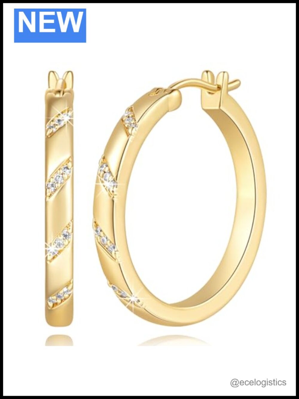 14K Gold Plated Cubic Zirconia Hoop Earrings Hinged Pave 20mm 25mm